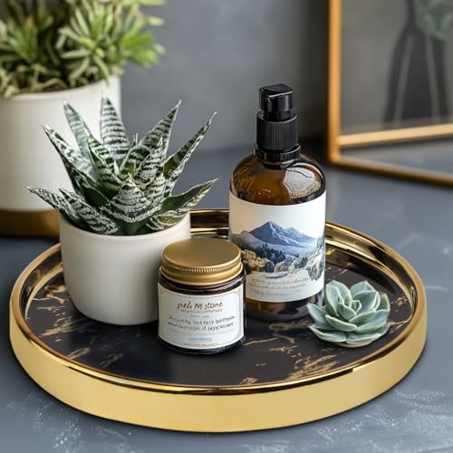 Small Round Black Decorative Tray – Marble Look Jewelry Dish, Perfume Organizer, Makeup Vanity Tray for Dresser, Counter, or Bedroom - color: Black, size: 8.6"