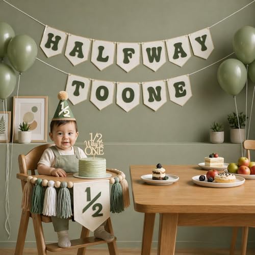 1/2 Birthday Boy Half Birthday Decorations - White Green Half Way to One Banner Cake Topper Tassel Wood Bead High Chair Banner Hat for Boys 6 Months Birthday Decorations Party Supplies - color: Army Green
