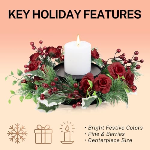MOYEE Candle Holder Centerpieces for Tables,Candle Ring,Wreaths, Black Metal Candle Stick Paired Artificial Flowers 14 in Versatile Dining Table Centrepiece - color: Rose and Pine Needle Wreath