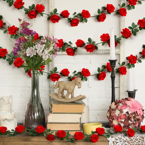 15.8 FT Red Roses Fake Flowers Garland, 2Pack 90 Roses Kentucky Artificial Flowers Vine for Derby Decorations, Derby Artificial Roses Plants for Derby Decor Flower Wall Backdrop Wedding Decorations - color: Rose, size: 2 Pcs