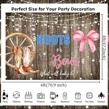 Sensfun Boots or Bows Gender Reveal Backdrop Boy or Girl Baby Shower Party Decorations Rustic Wooden Cowboy Boots Pink Bow Photography Background Western Gender Reveal Banner Photo Booth Props 6x4ft - size: 6x4ft
