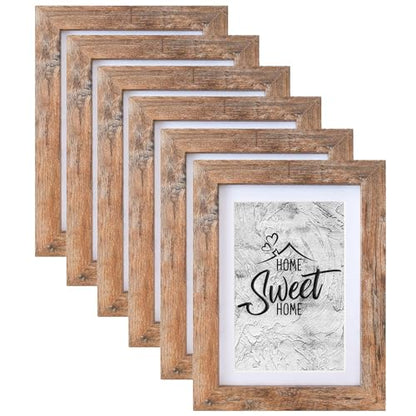 Califortree 6-Pack Rustic Brown 5x7 Wood Picture Frame, 4x6 Photo Display with Mat, Shatterproof Plexiglass, Wall & Tabletop Display - size: 5x7-6Pack