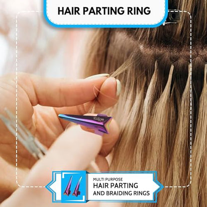 Beauty & Crafts 2PC Pro Hair Parting & Sectioning Rings-Stainless Steel Finger braiding Tool for Precise Hair Styling and Extension Installations - Inculde Straight &Curved Ring with Box (Multi) - color: Multi Rainbow