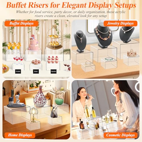 8 Pcs Clear Acrylic Buffet Risers with LED Fairy Lights, Acrylic Food Risers with Mini Sign and Maker, Clear Buffet Risers and Stands for Party Catering Dessert Collectibles(9" 8" 7" 6" 5" 5" 4" 4" ) - size: 9" 8" 7" 6" 5" 5" 4" 4"