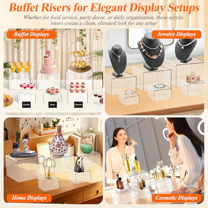8 Pcs Clear Acrylic Buffet Risers with LED Fairy Lights, Acrylic Food Risers with Mini Sign and Maker, Clear Buffet Risers and Stands for Party Catering Dessert Collectibles(9" 8" 7" 6" 5" 5" 4" 4" ) - size: 9" 8" 7" 6" 5" 5" 4" 4"