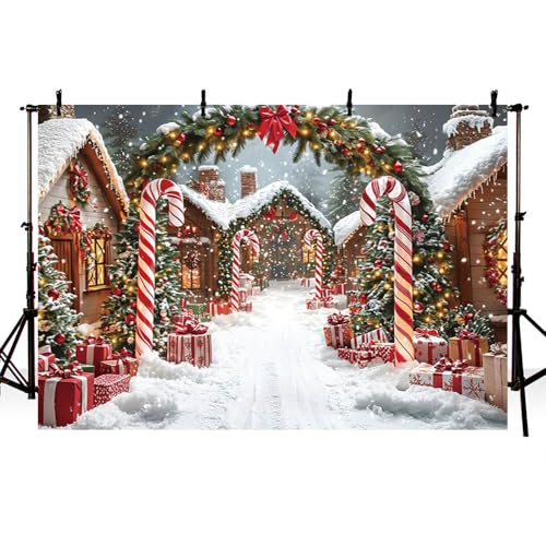 AIBIIN 7x5ft Winter Christmas Village Backdrop Snowy Candy Cane Lane with Christmas Trees Winter Wonderland Holiday Photography Background for Birthday Party Baby Shower Vinyl Studio Props - color: Christmas Village, size: 7x5ft