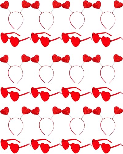 24 Piece Valentine's Day Heart Headbands and Sunglasses Set for Women and Men, Party Photo Props for Wedding, Birthday (Red) - color: Red