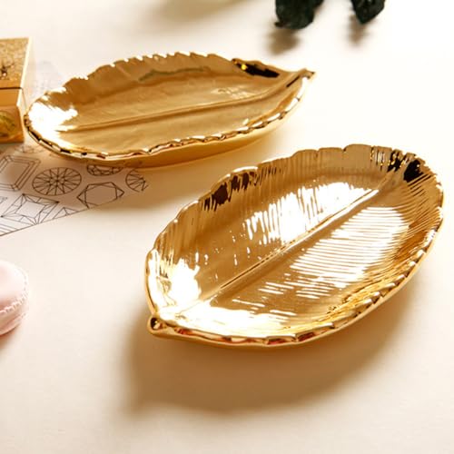 KESYOO Ceramic Jewelry Tray Gold Leaf Trinket Dish Ring Holder Plate Jewelry Organizer Decorative Display for Women Vanity Table and Photo Props