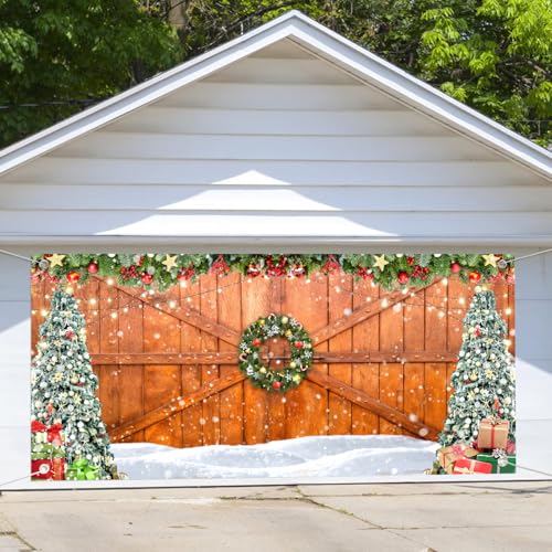 Rustic Christmas Garage Door Banner Cover, Merry Christmas Wood Texture Holiday Outdoor Decoration Garage Door Cover, Extra Large Rustic Barn Wood Xmas Tree Snow Wall Decor Hanging Background - color: B, size: 8X6