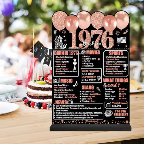 Guiruiy Rose Gold 50th Birthday Decorations for Women, Two-Sided Vintage 50 Back in 1976 Theme Poster Wooden Table Sign with Stand, Fifty Years Old Bday Centerpieces Display Holder for Table Decor - style: Rose Gold 50th