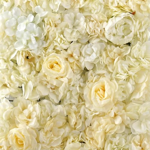 Efavormart Pack of 4 | 13 Sq. Ft. White Champagne Silk Flower Wall Panels, UV Protected 3D Mixed Floral Mat with Peonies and Roses for Wedding Backdrop - color: Champagne