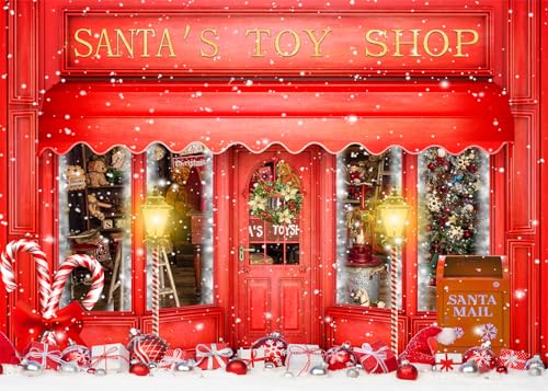 10X6.5FT Red Christmas Photo Backdrop Santa's Toy Shop Candy Cane in Snow World Xmas Family Holiday Party Banner Photography Background Supplies Decor Studio Prop - size: 10x6.5ft