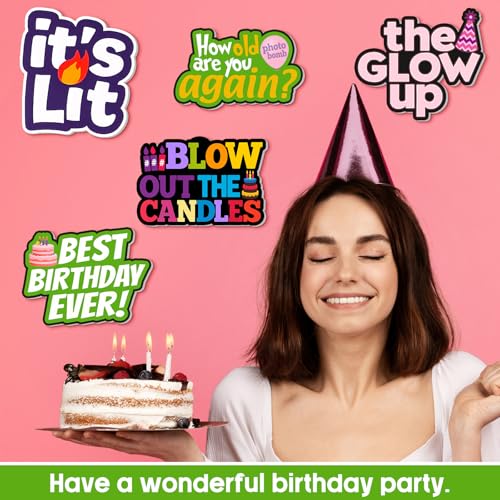 Beeveer 24 Pcs Birthday Photo Booth Props Single Sided 9" Photo Booth Props Birthday Parties Decorations Set DIY Water Proof Selfie Signs PVC Printing for Party Businesses - style: Birthday