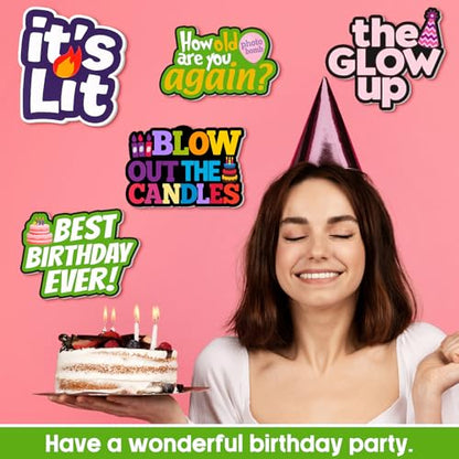 Beeveer 24 Pcs Birthday Photo Booth Props Single Sided 9" Photo Booth Props Birthday Parties Decorations Set DIY Water Proof Selfie Signs PVC Printing for Party Businesses - style: Birthday