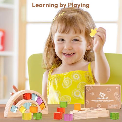 Woodtoe Wooden Building Blocks Set for Kids, Rainbow & Christmas Tree Wood Frame - 24 PCS Acrylic Gem Cubes Stacking Blocks, Montessori Stacking Toys, Educational Christmas Game for Toddlers 3-6 - style: Rainbow and Tree Frame Blocks Set