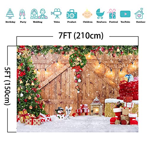 Rustic Christmas Barn Wood Door Backdrop for Photography Xmas Tree Snow Gift Wall Floor Party Photo Background Winter Holiday Family Supplies Banner Decoration Studio Props 12391 (7x5FT) - size: 7x5FT