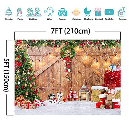Rustic Christmas Barn Wood Door Backdrop for Photography Xmas Tree Snow Gift Wall Floor Party Photo Background Winter Holiday Family Supplies Banner Decoration Studio Props 12391 (7x5FT) - size: 7x5FT
