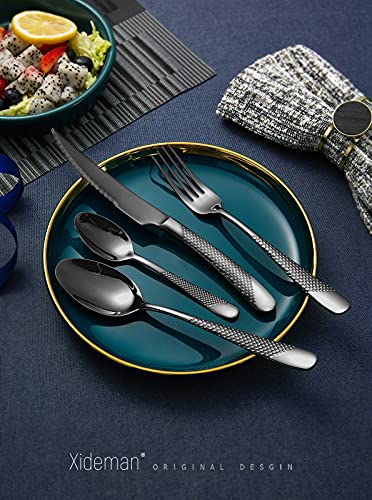 16-Piece Modern Black Hammered Silverware Set with Ultra Sharp 2-IN-1 Serrated Knives, 18/10 Stainless Steel Flatware Set, Titanium Plated Cutlery Set Service for 4, Dishwasher Safe - color: Black