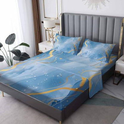 Blue White Marble Bed Sheets Queen Size, Kids Sheet Set, Soft Microfiber Deep Pocket Wrinkle Free Fitted Sheet & Flat Sheet & Pillowcase Sets, Abstract Ombre Watercolor Bedding Sheets - 4 Piece - color: Blue, size: Queen