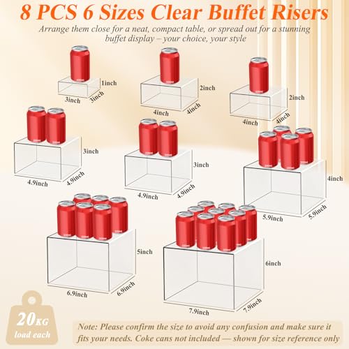 8 Pcs Clear Acrylic Buffet Risers with Mini Sign and Maker,Buffet Risers and Stands Clear Food Display Risers for Buffet Table Party Catering Dessert Cupcake Collectibles (8" 7" 6" 5" 5" 4" 4" 3") - color: Size: 8" 7" 6" 5" 5" 4" 4" 3"