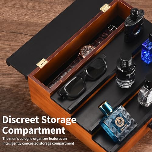 Perfume Organizer for Men, 4 Tier Wood Perfume Display Stand with Velvet Lining Drawer and Hidden Compartment for Watch,Jewelry,Perfume Display Risers,A Gift for Men (Black+Walnut) - style: 4 Tier - BlackWalnut