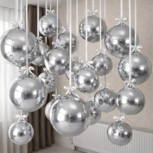 HILAVO 12PCS Silver Foil Balloons, 22in 15in 10in Different Sizes 4D Round Foil Balloon Large Silver Metallic Sphere Balloons for Graduation New Year Birthday Party Ceiling Decorations - color: Silver Ball-2674