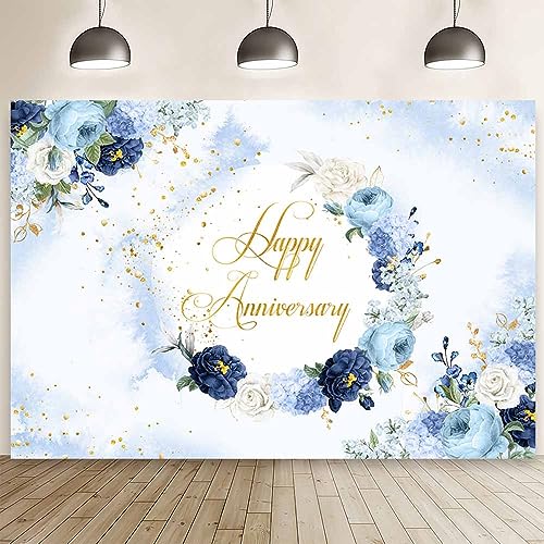 MEHOFOND 8x6ft Floral Happy Anniversary Backdrop Pastel Blue Photography Background Watercolor Blue Flower Gold Glitter Dots Couple Wedding Party Engagement Decorations Cake Smash Photo Booth Props - color: Blue, size: 8x6ft