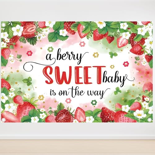Fabric 9x6ft Strawberry Baby Shower Backdrop A Berry Sweet Baby is on The Way Photography Background Strawberry Girl 1st Birthday Newborn Party Decorations Banner Kids Adults Photo Shoot Props - size: 9x6ft(WxH)