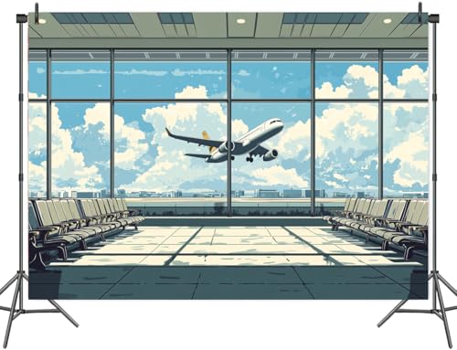 Cartoon Airport Airplane Photography Backdrop, Plane in Departure Area Airport Lounge Terminal Window View Background, Plane Themed Birthday Party Decoration Photoshoot Booth Studio Props 6X4ft - color: Multi2, size: 6x4ft