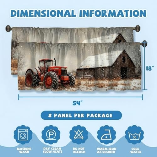 Tractor Barn Curtain, Two-Pack, Red Winter Farm Snow Rustic,Applicable to Bathroom, Bedroom, 54x18 inches. - color: Tractor Barn