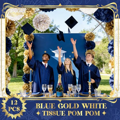 NICROLANDEE Wedding Party Decorations - 12 PCS Navy Blue and Gold Tissue Paper Pom Poms for Colleage Graduation, Baby&Bridal Shower, Birthday, Bachelorette Party, Engagement Party, Anniversary Party - style: Navy Blue