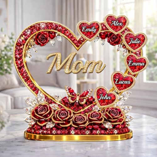 LOVELYPOD Custom Mom Heart With Crystal Roses 2D Acrylic Plaque, Personalized Grandma Plaque with Grandkid Names, Mama Gift from Son Daughter, Birthday Mother's Day Mom Gift, Family Home Decor - color: Design #4