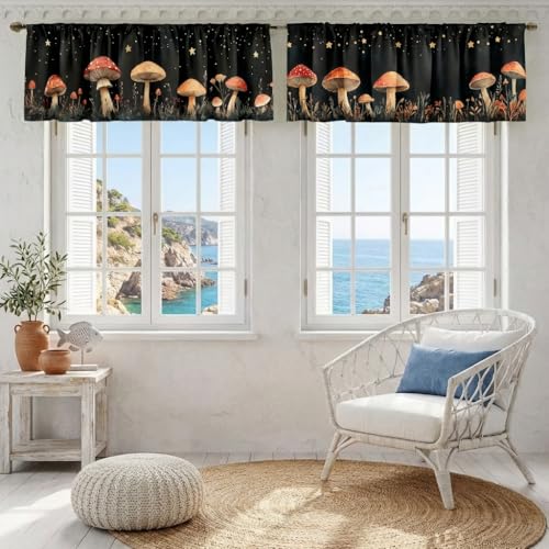 Mushroom Curtain, Two-Pack, Moon Enchanted Forest Starry Night,Applicable to Bathroom, Bedroom, 54x18 inches. - color: Mushroom