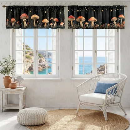 Mushroom Curtain, Two-Pack, Moon Enchanted Forest Starry Night,Applicable to Bathroom, Bedroom, 54x18 inches. - color: Mushroom