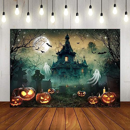 Mocsicka Halloween Backdrop 7x5ft Scary Castle Haunted House Graveyard Wall Backdrop for Photography Bat Horror Moon Night Party Decorations Banner Photo Booth Props - size: 7x5ft