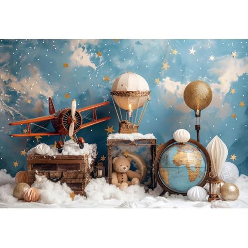 YongFoto Travel Adventure Theme Backdrop 5x3ft Cute Clouds Sky Stars Bear Globe Photography Background Adventure Awaits Baby Shower Girl Boy 1st 2nd Birthday Party Banner Kids Portraits Photoshoot - color: Style 4, size: 5ftx3ft