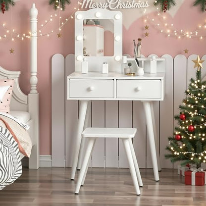 Arlopu Kids Vanity Set and Mirror, Wooden Pretend Play Vanity Table and Chair Set for Girls with Stool, Drawer, Princess Makeup Dress-Up Toy for Toddlers 3+Year Old (White) - color: White