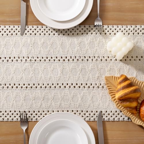Socomi Boho Table Runner Summer Farmhouse Rustic Dining Kitchen Centerpiece Decor Small Macrame Woven Cotton Linen Coffee Table Runner for Dresser Scarf Home Decor 12x36 inch Beige - color: Beige, size: 12" X 36"