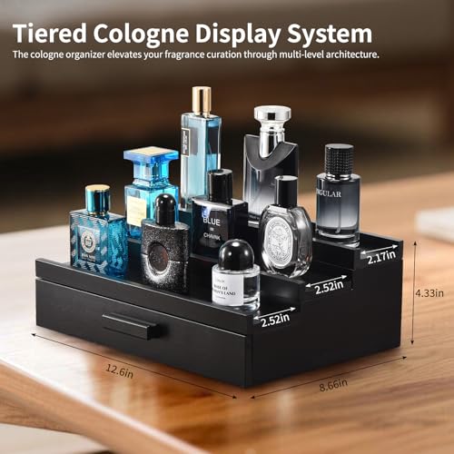 Perfume Organizer for Men, 3 Tier Wood Perfume Display Stand with Velvet Lining Drawer and Hidden Compartment for Watch,Jewelry,Perfume Display Risers,A Gift for Men (Black) - style: 3 Tier - Black
