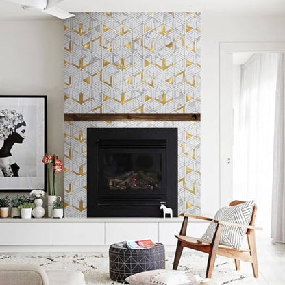 DICOFUN 10-Sheet White Marble Look Triangle Mosaic Tiles Peel and Stick Backsplash for Kitchen, PVC Mixed Metal Gold Chevron Stick on Backsplash Wall Tiles - color: White Marble and Metal Gold, size: 10 Sheets, 12"x12"x0.12"