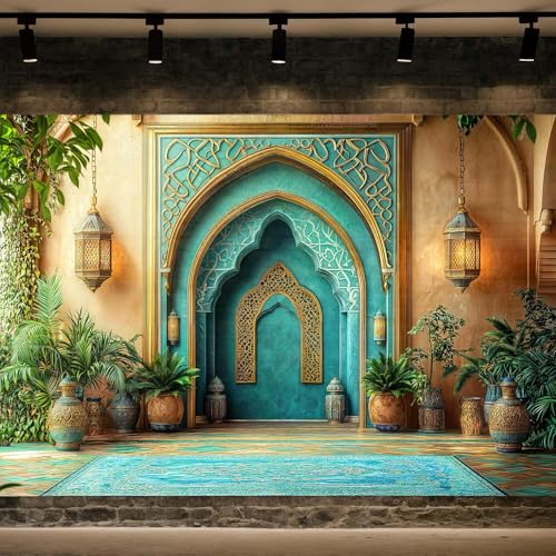 5X3ft DYNH Arabian Moroccan Nights Party Backdrop, Morocco Palace Arch Architecture Middle Eastern Teal Luxurious Backdrop for Moroccan Wedding Birthday Party Background Decorations Photo Studio Props - color: Turquoise1, size: 5 x 3 ft