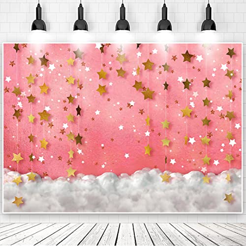 8x6ft Pink Dreamy Golden Stars Pendant Backdrop Girl Baby Shower Party Birthday Decorations Banner Photography Background Photo Booth Props - color: Pink-Star Clouds, size: 8x6ft