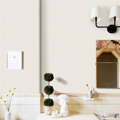Rugreat Striped Grasscloth Wallpaper Peel and Stick 78.8inL 17.3inW Textured Grass Cloth Contact Paper for Cabinets Herringbone Fabric Wallpaper for Bedroom Beige Faux Linen Contact Paper Removable - size: 17.3" x 78.8"