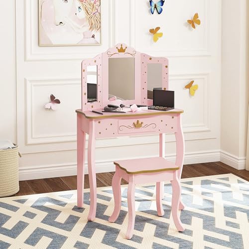 UTEX Kids Vanity Set with Mirror and Stool, Kids Make Up Vanity Desk with Mirrror for Little Girls, Children Makeup Dressing Table with Drawer, Pink - style: Pink-Crown