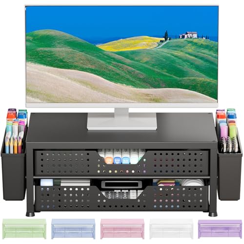 OPNICE Computer Monitor Stand Riser with 2 Drawers & 2 Pen Holders, Desk Organizer for Office Supplies, Laptop Stand for Desk, Workspace Desk Organizers and Accessories for Home Office, Black - color: Black Upgraded Double-Drawer