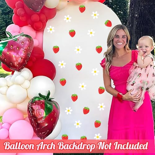 48pcs Strawberry Stickers for Balloon Arch Strawberries Theme Party Signs for Backdrop Kitchen Fruit Wall Stickers Daisy Flowers Berry First Crafts Decals for Baby Shower Girls Birthday Party Supplies - color: Red & White