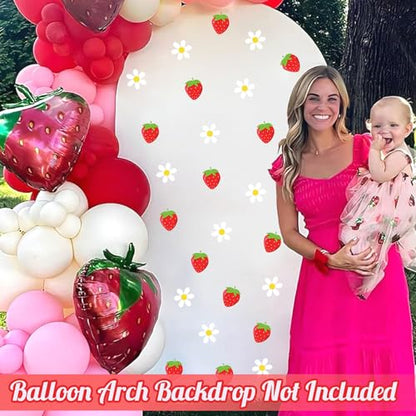 48pcs Strawberry Stickers for Balloon Arch Strawberries Theme Party Signs for Backdrop Kitchen Fruit Wall Stickers Daisy Flowers Berry First Crafts Decals for Baby Shower Girls Birthday Party Supplies - color: Red & White