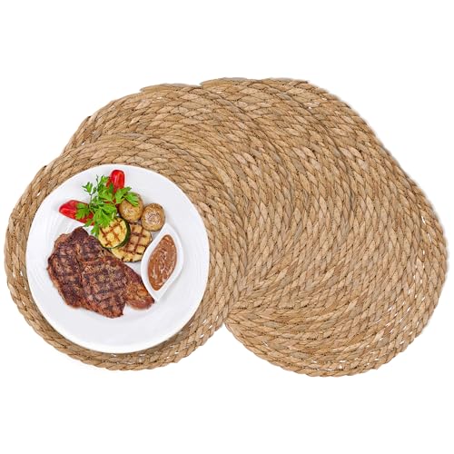 GENMOUS Woven Placemats Set of 6, 13" Round Placemats Natural Water Hyacinth Boho Placemats, Farmhouse Rattan Chargers for Dinner Plates,Rustic Braided Wicker Table Mats for Dining Table,Home,Wedding - size: 13inch, Set of 6
