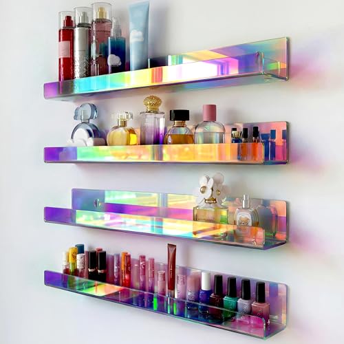 4 Pack 15 Inch Iridescent Acrylic Shelves, Clear Rainbow Floating Shelves for Wall, Modern Sunglasses Essential Oil Picture Ledge Display Toy Storage Wall Shelf - color: 15in-iridescent