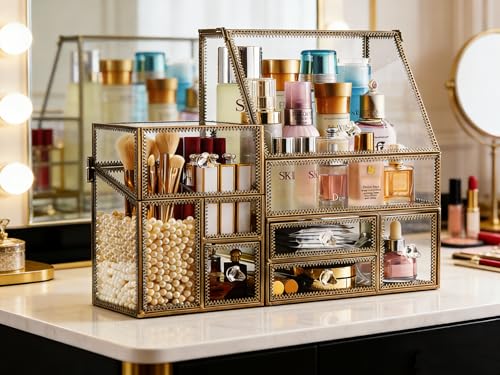 Luxury Glass Makeup Organizer Antique Bronze Metal Frame, Clear Vanity Countertop Storage Case for Cosmetics, Skincare, Perfume, Jewelry, Brush Holder & Drawers for Bathroom, Bedroom, Dressing Table - color: Brass